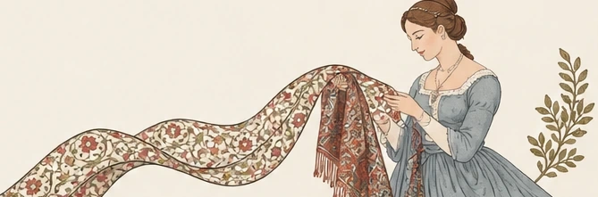 Illustration of a historical European figure admiring a Kashmiri shawl